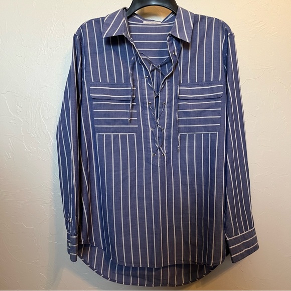 EQUIPMENT FEMME Knox Lace Up Blouse in Blue Stripe Sz L NWOT Nautical Coastal - Picture 4 of 13